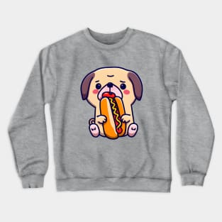 Cute Pug Dog Eating a Hot Dog - Kawaii Pug - Fun Puppy - Look at Those Eyes Crewneck Sweatshirt